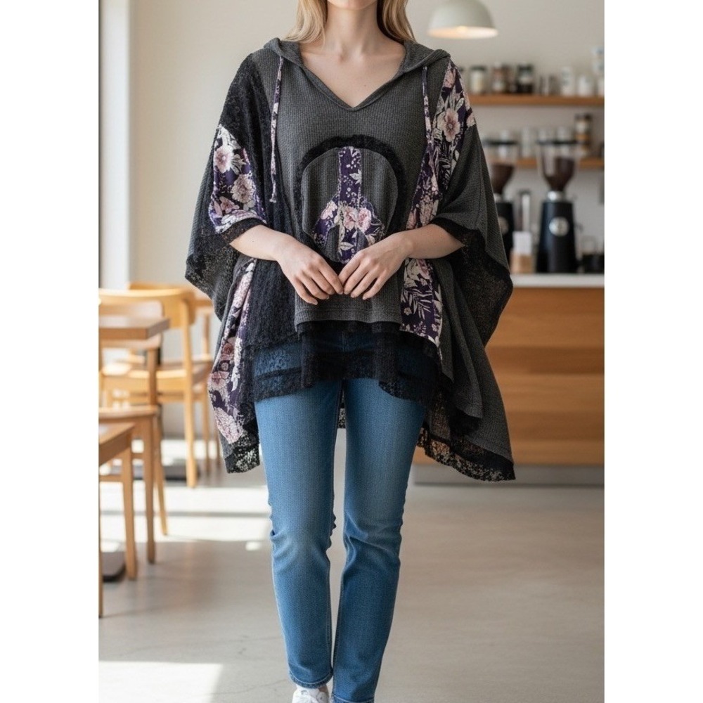 POL NWOT Boho Peace Sign Hooded Top Gray Floral Patchwork Lace Oversized Large